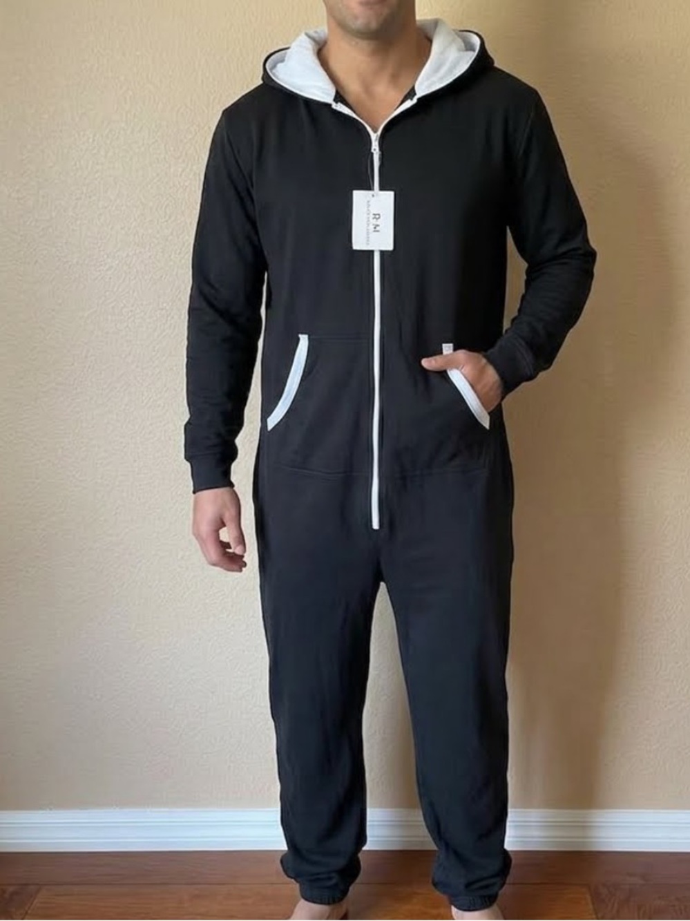 NWT Ross Michaels Hooded Onesie Jumpsuit Black One Piece Pajamas Fleece Lined XL